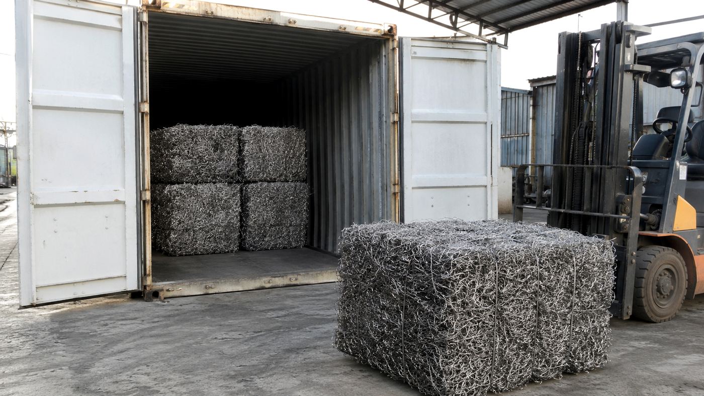 Bales of spring steel loaded into a shipping container